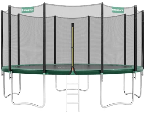 SONGMICS Trampoline Extérieur Enfant Diamètre 183 cm, Filet de Protection Externe, Coussins de Sécurité, Échelle, Poteau Droit de 180 cm de Haut, Cadre en Acier, Noir et Vert STR061C01