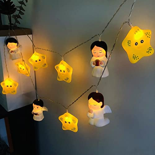 Süße Engel Nachtlichter Sterne Lichterketten Beten Engel und Sterne Lichterketten Batteriebetrieben für Weihnachten Schlafzimmer Geburtstag Weihnachten Urlaub Decortion (1.65M10LED, Engel Stern)