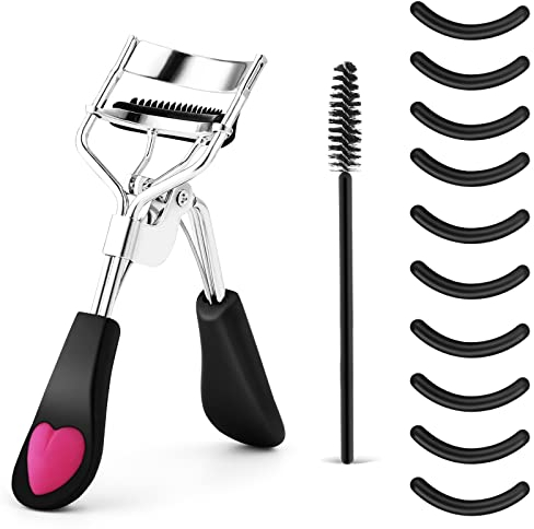 WLLHYF Kit di piegaciglia professionale in metallo strumento per il trucco con pettine integrato con 10 cuscinetti di ricambio per donne e ragazze ottengono ciglia curve drammatiche (nero)