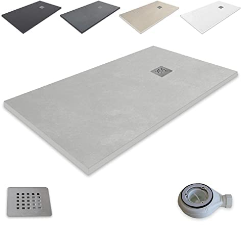 Plato de Ducha de Resina Extraplano outletaseo – Todas las Medidas Disponibles – Textura Pizarra Antideslizante – Incluye Válvula de Desagüe + Rejilla (70x90, GRIS CEMENTO)