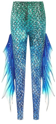 Nyeemya Mermaid Yoga Print Leggings for Women Plus Size Fish Scale High Waisted Pants Halloween Cosplay Tights Green&Blue M