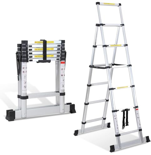Fiqops Scala telescopica 1,7 m + 2,0 m, 5 + 6 livelli telaio ad A, carico massimo 150 kg/330 libbre, scala allungabile in alluminio per riparazioni di tetto, dimensioni piegate 65 cm