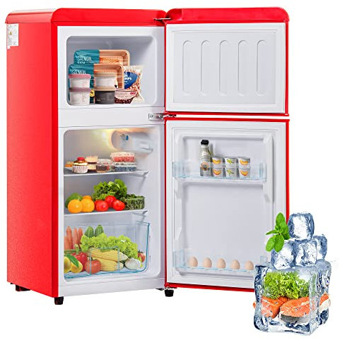Merax Réfrigérateur Vintage à Double Porte avec Congélateur,60 Litres de Volume Total, 22 Litres de Volume de Congélation, 163 kWh/An, -27°C à ~13°C, Lumière LED, Rouge