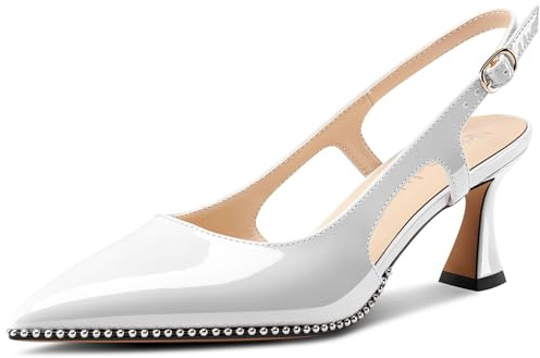 NobleOnly Femmes Fermé Pointu Bout Mi Kitten Talon Heel Slingback Escarpins Boucle Dress Décontracté Slip-on Chaussures 6.5 CM Heels Blanc 39 EU