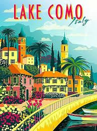 Lago di Como - Poster turistico vintage - Magnete da frigorifero, 9 x 6 cm
