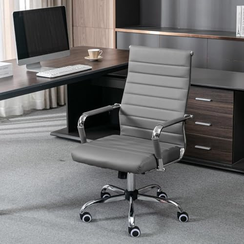 UEV Kontorsstol Ergonomisk Vippfunktion, maxvikt 150 kg Kontorsstol med Armstöd, svängstol S-formad Lendenstöd, klädd Sittplats, höjdjusterbar av Kunstläder grå