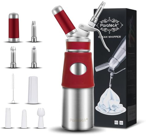 Parateck Dispenser per crema da 500 ml, in acciaio inox, con ugelli a spruzzo, spazzola per la pulizia (rosso)