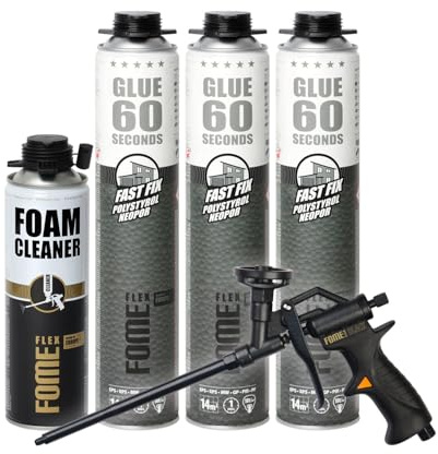 FOME FLEX B2 Dämmstoffkleber für EPS- & XPS-Platten Set [3 x 850 ml] inkl. Schaumpistole mit Teflonbeschichtung und Pistolenreiniger [1 x 500 ml] – Dämmschaum für Profis