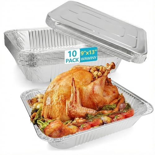 WAWINY 9x13 Thickened Aluminum Foil Pans With Lids, 10Pack Extra Deep Disposable Aluminum Pans for Roasting, Baking, Cooking, Food Prep, Chafing, Steam Table, Oven, Cake, and Party Catering.