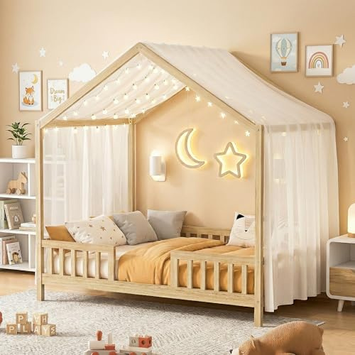 Aurnienofus Full Montessori Floor House Bed with High Rails, Wood Kids Low Floor Bed with Roof & Canopy, Montessori Full Kids Bed Frame for Girls, Boys,No Box Spring Needed, Natural
