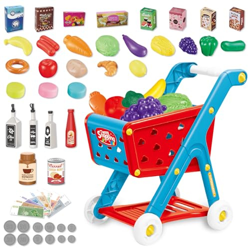 RedCrab Kids Shopping Trolley Toys, Pretend Supermarket Play Cart with Play Food Fruit Vegetables Play Money & Coins Accessories, Role Play Toys Gift for Boys Girls Age 3+(Blue and Red)