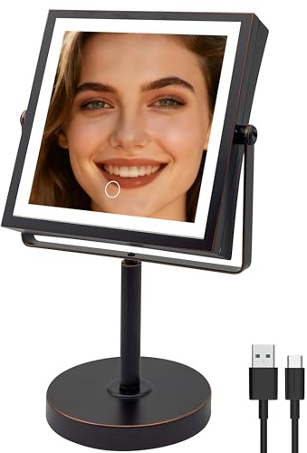 Basitool JIONIESIM Series 1X/10X Makeup Mirror with Lights, Double Sides Lighted Magnifying Mirror with 3 Colors, Height & Brightness Adjustable, Rechargeable 4000mAh Vanity Mirror (Oil Rubbed Bronze)