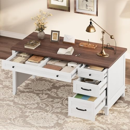 CABIHOME Farmhouse Office Desk with Charging Station & File Drawer | 53.5 Wooden Computer Desk with Built-in USB Ports, Executive Computer Desk Workspace for Home Office