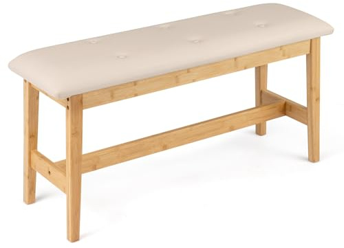COSTWAY Banco Tapizado de 100 cm, Taburete de Bambú para pie de Cama con Botones y Asiento Acolchado, Cuero Artificial y Relleno de Esponja, Taburete para Zapatos, Banco para Cocina, Entrada, Pasillo
