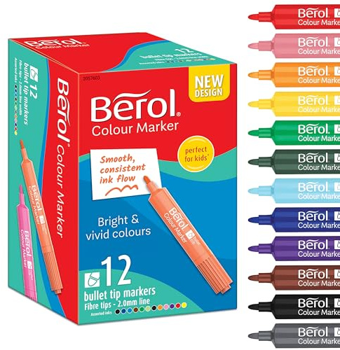 Berol filtspets färgpennor | Bullet Point (2,0 mm) | blandade färger med tvättbart bläck | 12 pennor