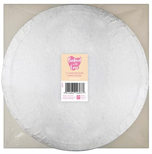 Baked With Love 12 Cake Board & Cake Box Combo, Round Silver Cake Drum With Matching White Container, 0.5'' (13mm) Thick, Square Cake Transport, 12 Inch, Single Pack