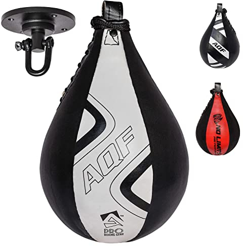 AQF Boxen Punchingball Rex Leder Speedball Boxsack MMA Boxbirne Training Set (Black & White Pro)