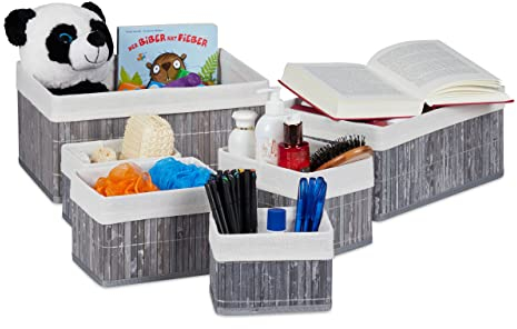 Relaxdays, Gris Set de Seis cestas de almacenaje, Funda de Tela, Bambú, Cuadrado y Rectangular, Organizador
