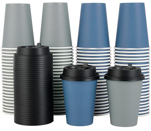 LITOPAK 100 Pack 12 oz Disposable Paper Coffee Cups with Lids for Coffee, Water, Juice, or Tea, Blue and Gray Hot Paper Cups for Home, Restaurant, Store, and Cafe