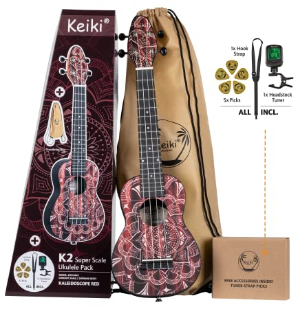 Ortega Guitars Soprano Super Scale Ukulele Akustisch – Keiki K2 Series – Inklusive Zubehör – Agathis, ABS, Red Kaleidoscope (K2SS-RKC)