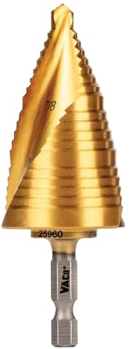 Klein Tools 25960 Step Drill Bit, 7/8 to 1-3/8-Inch, Spiral Double-Fluted, Cut Thin Metal, Plastic, Aluminum, Wood, 1/4-Inch Hex Shank, VACO