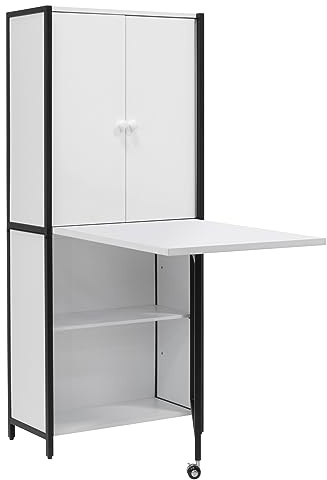 Sew Ready Folding Craft Armoire Cabinet ā 58.75ā³ Tall Multipurpose Workstation with Drop-Leaf Table, Wheel, Powder-Coated Steel Frame, Charcoal/White