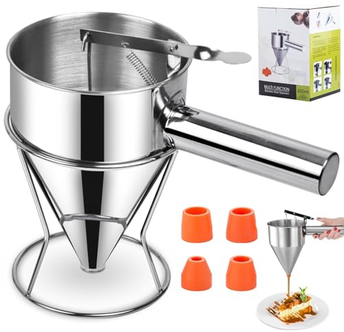 Swetfela Pancake Dispenser,Multi-Calibre Batter Dispenser,Stainless Steel with Bracket Cake Tester,600 ML Pancake Batter Dispenser for Cupcakes,Waffles,Takoyaki,Crepes,Muffins