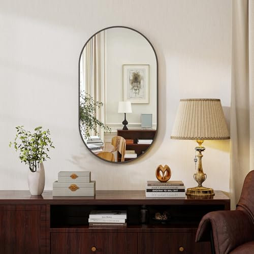 Koonmi Oval Badspiegel Schwarz, 30 x 60 cm Oval Wandspiegel aus gehärtetem Glas, Eitelkeitsspiegel ohne Verzerrung, horizontal oder vertikal hängend für Schlafzimmer, Eingangsbereich, Wohnzimmer