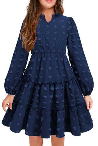 Arshiner Vestidos para Niñas Vestido de Fiesta de Manga Larga Vestido de Gasa Sólido Vestido Informal con Volantes para Niños Vestido de Fiesta de Una Línea Vestido Skater Azul Marino 7-8 Años