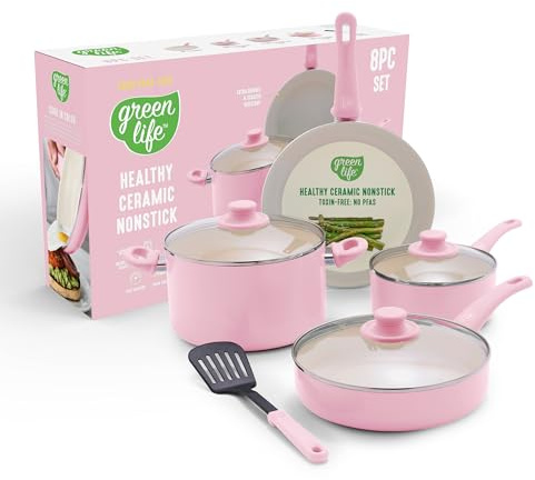 GreenLife Soft Grip 8 Piece Cookware Set, Non-Toxic PFAS-Free Ceramic Nonstick, Frying, Sauce, Sauté, Utensils, Glass Lids, Stay-Cool Handles, Wobble Free, Dishwasher & Oven Safe, Soft Pink