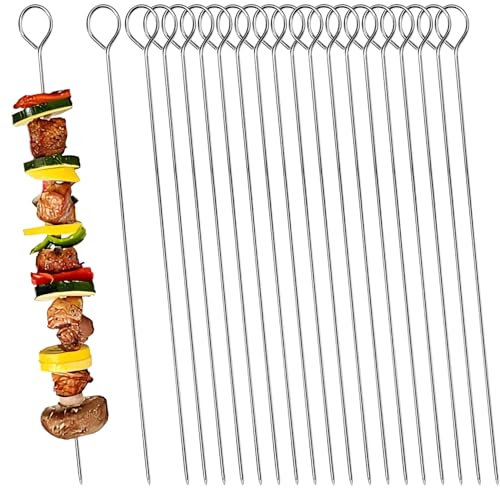 20PCS Stainless Steel BBQ Skewers, 25cm Reusable Shish Kabob Metal for Outdoor Barbecues and Family Gatherings