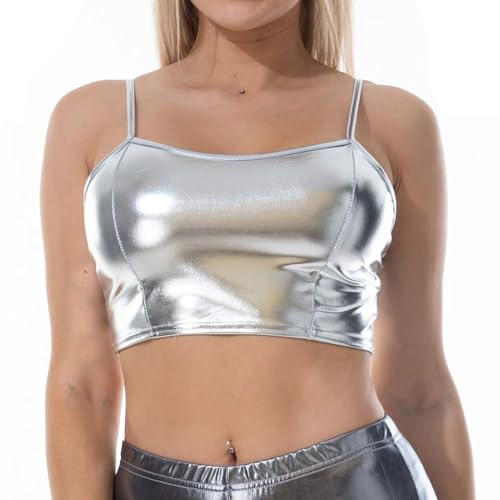 AIEOE Club Ombelico Top Lucido Spaghetti Strap Sexy Tank Tube Top Bustier (Senza Inserti di Reggiseno) Taglia M Argento