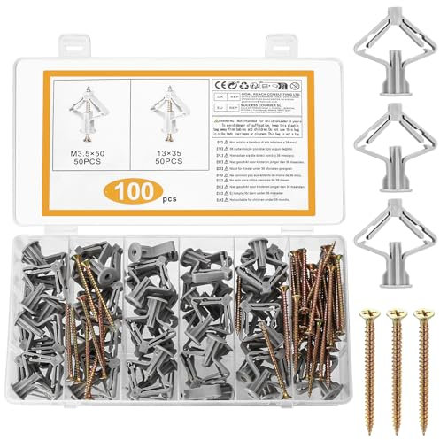 100x Gipskartondübel Hohlraumdübel Butterfly Spreizdübel mit Schrauben Dübel Set, Trockenbaudübel Set mit Schrauben, Rigips Dübel und Rigips Schrauben, Rigipsdübel für Rigipsplatten Gipsfaserplatten