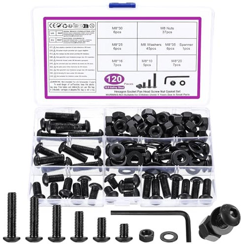 M8 Juego de Tornillos y Tuercas y Arandelas, 120 Pcs Métricos Tornillos de Cabeza Hueca Hexagonal Cilíndrico, Tornillería Tornillos Cabeza Hexagonales Redonda para Reparación Máquinas, Negro