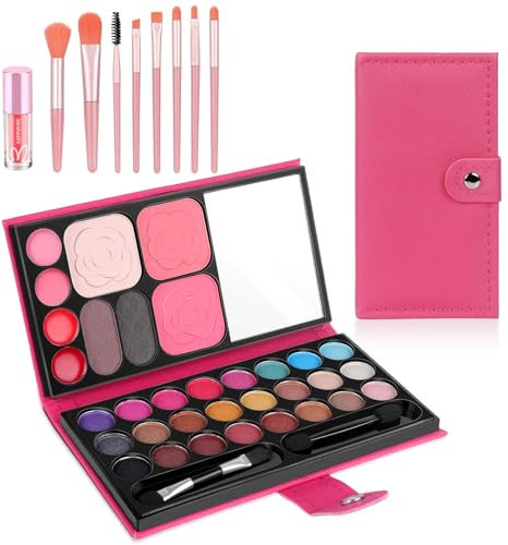 Kinderschminke Set Mädchen, 33 Farben Schminksets für Mädchen mit 8 Pinsel und 1 Lippenstift Waschbarer Kinderschminkspielzeug Make up Set für Kinder für Bühne, Party, Geburtstag (Rosarot)
