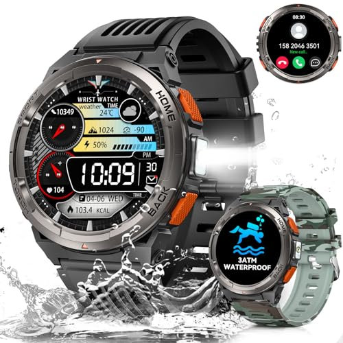 AdivaX Smartwatch Militare Uomo Impermeabile 3ATM con Torcia LED, 1,45 HD Rugged Smartwatch Orologio con Chiamate, Fitness Tracker con 110+ Modalità Sport Bussola Altitudine Barometro SpO2
