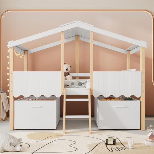 Miyemo Single Bed for kids, 3ft Wooden Storage Bed with Safety Guardrail, Two Storage Boxes with Wheels, Imitation Roof Shape, Pine Wood + Particle Board, White+Natural, 90 * 190cm, No Mattress