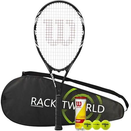 Wilson Federer - Raqueta de tenis para adultos (varias opciones de paquete), serie negro/blanco (raqueta, cubierta y pelotas)
