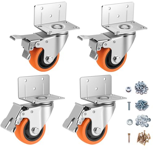 Caster Wheels,3 Inch L-Shaped Casters Set of 4 Heavy Duty,4-Pack Industrial Casters with Brake Polyurethane Wheels, Locking Caster Wheels for Furniture and Workbench