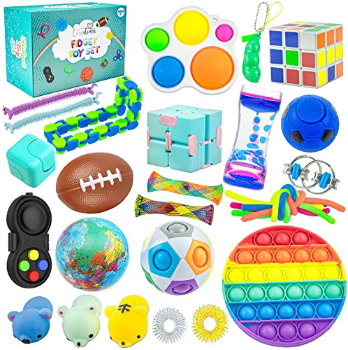 Fidget Toy Set 28 stycken anti-stress leksaker, pop it-set med Squishy Mochi, stressboll, fidget spinnare, ångest, ring, antistressboll, sensoriska leksaker | presentförpackning för barn och vuxna
