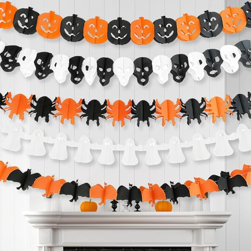 Axingqiwu Kit de Decoration Halloween Guirlande en Papier 5 Pièces Deco Halloween Guirlandes Interieur avec Citrouille Squelette Fantôme 3D Bannière d'Halloween