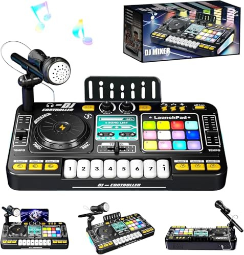 RedCrab DJ mixerbord för barn, DJ-pulver med mikrofon, interaktiv musikleksak för barn, musikkonsol för pojkar, flickor från 3–12 år, mixerbord controller leksak för dj-nybörjare