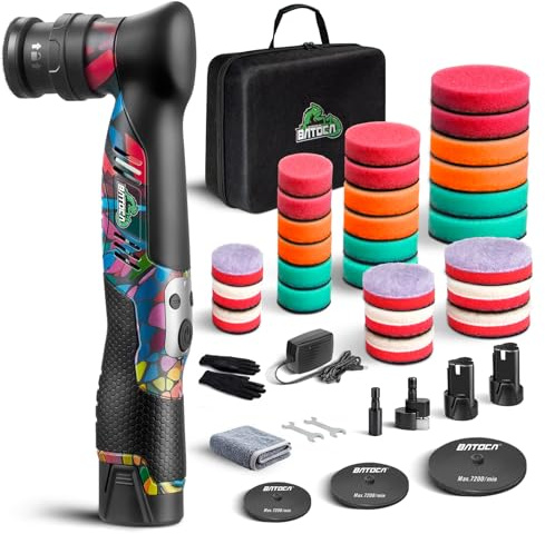 BATOCA S5 Mini Polisseuse Voiture Sans Fil Polisseuse Orbitale et Rotative Pour Voiture Kit Polissage Voiture Kit de Disques de Polissage 25/50/75mm lot de 2 Batteries 12V 6 Vitesses 2000 à 5500tr/min