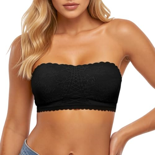 KUOIASY Lace Strapless Bras for Women, Soft Wireless Bandeau Strapless Bras Comfortable Seamless Padded Bralette Bandeau Top with Built in Bra (UK, Alpha, XL, Regular, Regular, Black)