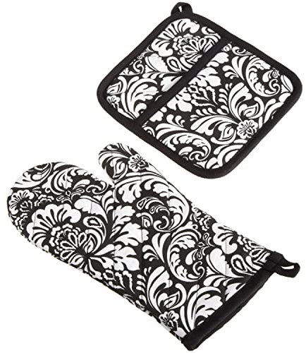DII Quilted Kitchen Oven Mitt & Potholder Set, Hanging Loop for Convenient Storage, OM 6.5x12/PH 8x8.5, Black Damask Print, 2 Piece