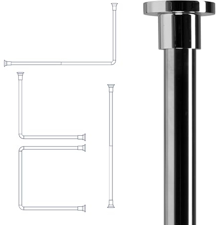 Croydex Superline Stainless Steel Modular Shower Rod Kit with Ceiling Support and Curtain Rings Can Be Fitted L-Shaped, Large L-Shaped, U-Shaped or Straight