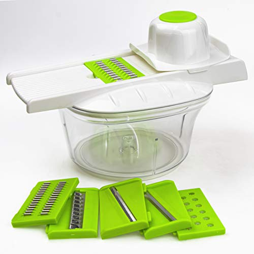 KVOTA Gemüseschneider mit Schüssel 2L 9-teiliges Set Manueller Kartoffel-Karotten-Reibe-Zwiebelschneider Gemüsehobel Grün