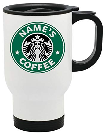 Personalised White Metal Travel Mug Cup. Your Name Printed Mug Coffee Tea Cup. (15oz White Travel Mug) by CiderPressMugs®