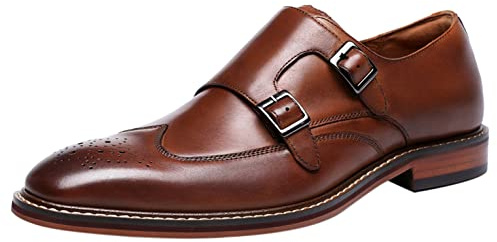 Santimon Homme Cuir Double Monk Chaussures à Boucle de Ville Wingtip Brogue Habillées Business Casual Derby Loafer Noir Marron