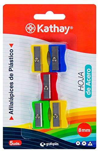 Kathay - 86614099, Confezione da 5 temperamatite in plastica con lama in acciaio, 8 mm, colori assortiti